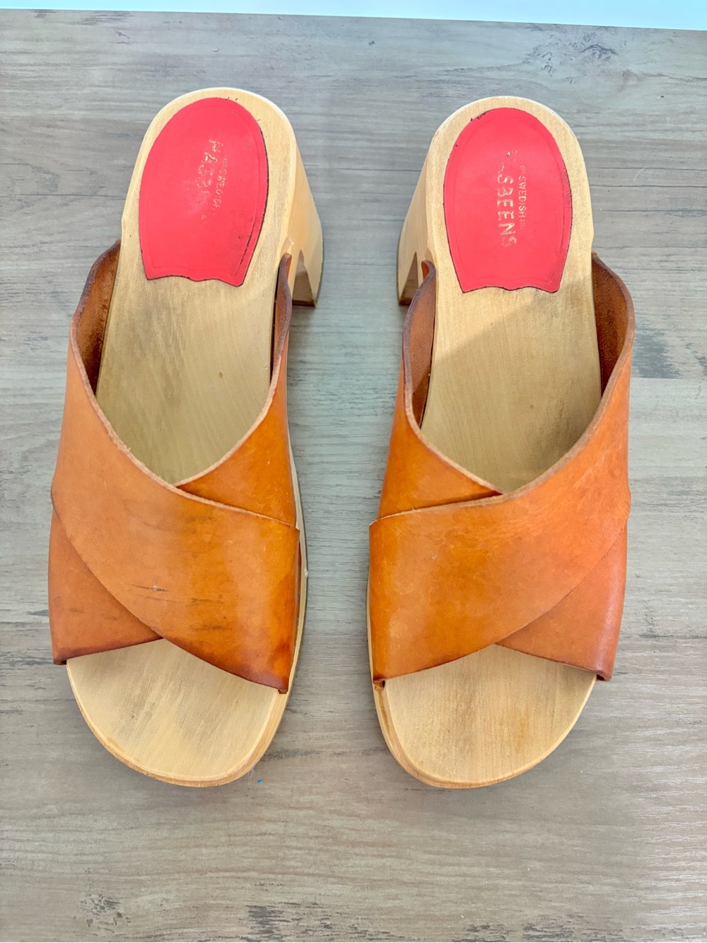 Swedish Hasbeens Anette High Tan Crossband Leather Clogs - Picture 5 of 16